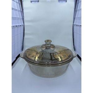 Vintage Fire-King CULVER CORONET Covered Casserole Gold on Clear 2 Qt